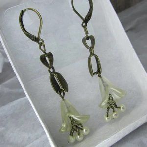 Rustic Brass Flower Earrings w/Dangling Pearls
